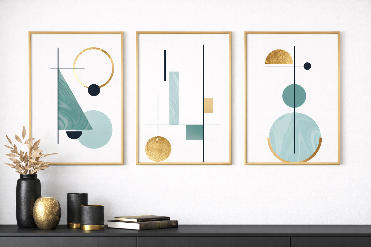 „Nordic Balance“ – 3er Bilder-Set (Türkis & Gold) Print Home Print Home