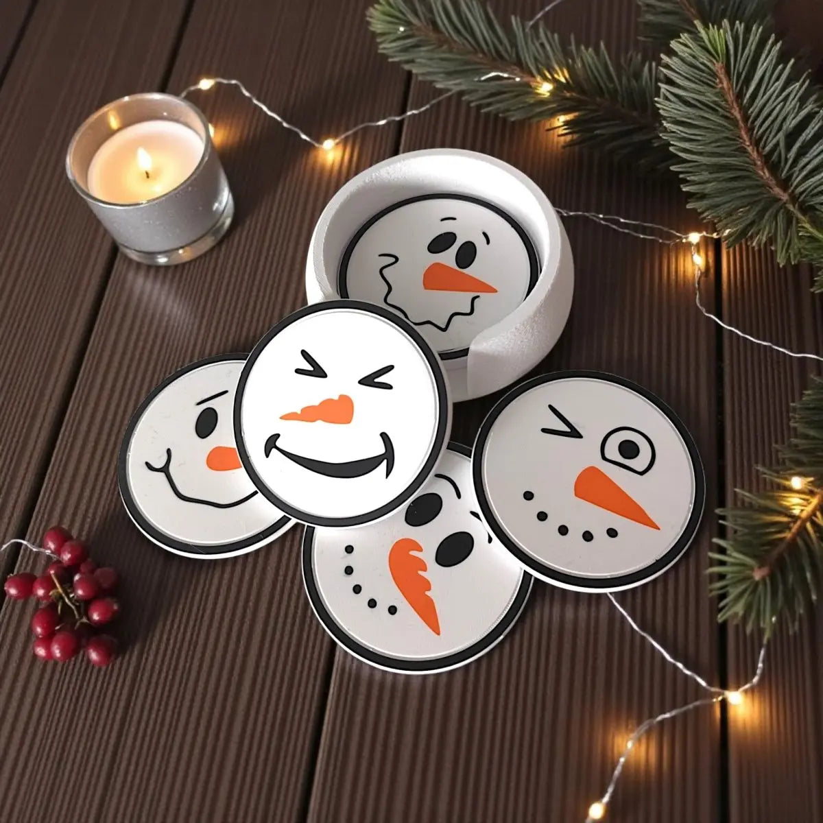 3D-Design Untersetzer-Set Happy Snowman – 6-teilig mit Halter - Print Home
