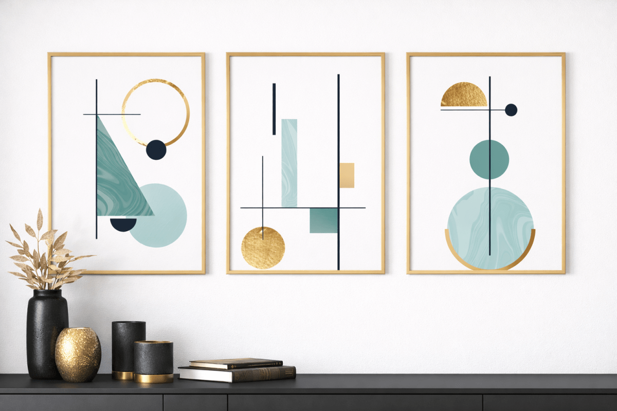 „Nordic Balance“ – 3er Bilder-Set (Türkis & Gold) - Print Home