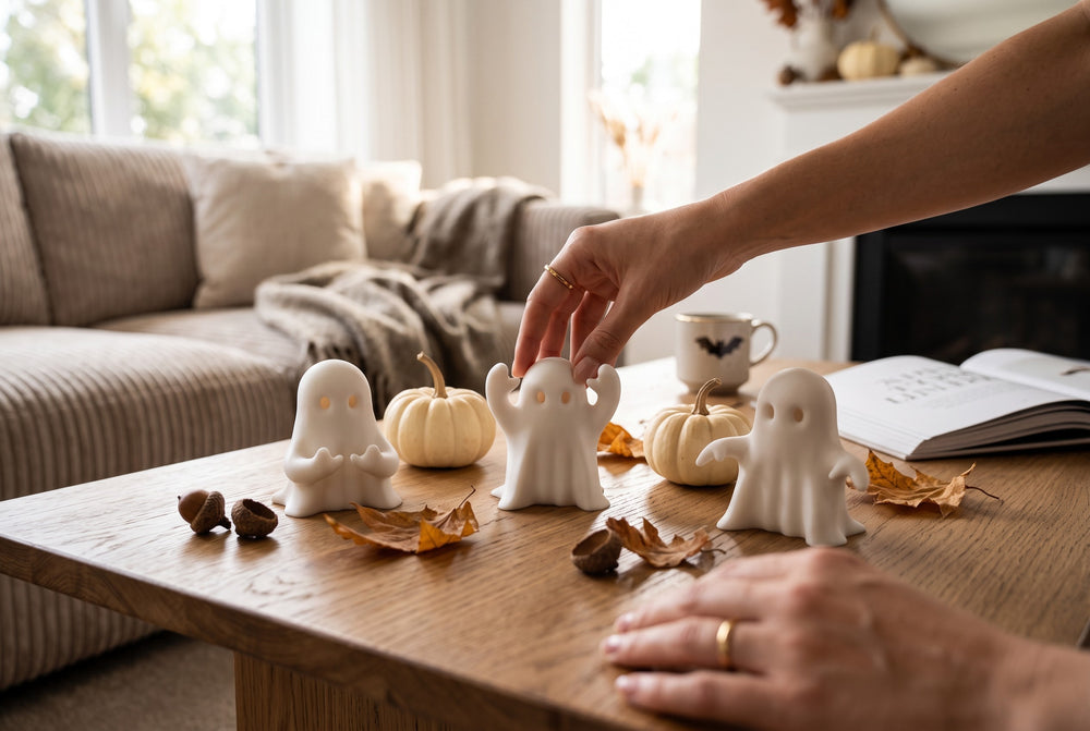Spökis Halloween-Geister in verschiedenen Posen als herbstliche Tischdeko