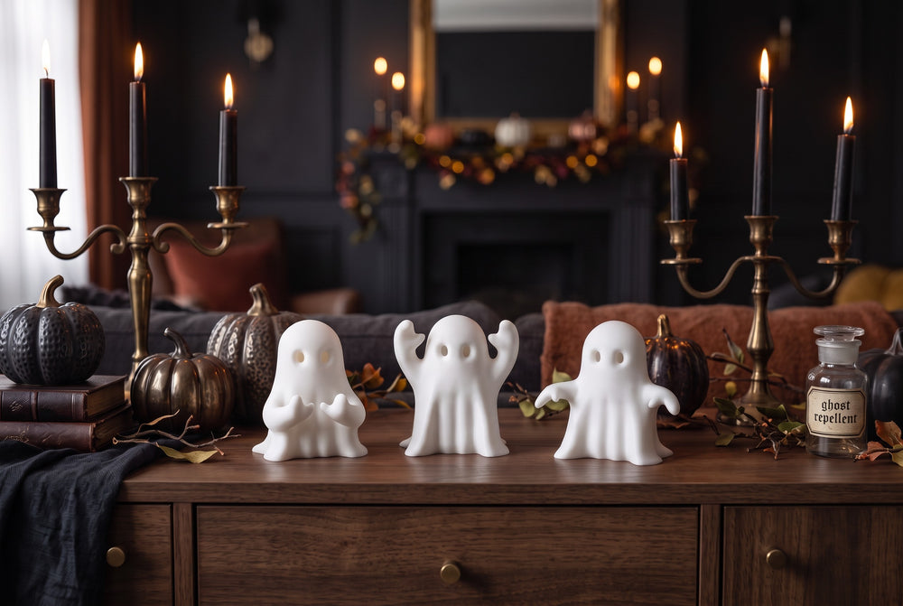 Spökis – drei minimalistische 3D-gedruckte Halloween-Geister in Weiß, made in Austria