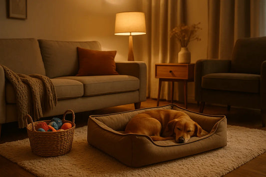 Stilvolles Wohnzimmer-Interieur mit einem Hund, der entspannt in einem modernen Hundebett neben einer Couch liegt.