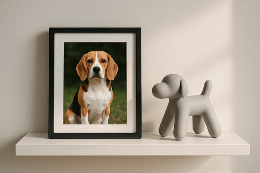 Ein eingerahmtes Bild eines Hundes steht auf einem schmalen Wandregal neben kleinen Deko-Figuren in einer stilvollen Umgebung