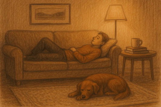 Eine Person liegt gemütlich auf einem Sofa im warm beleuchteten Wohnzimmer, während ein Hund davor friedlich schläft.