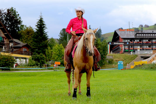 girl in pink long sleeve shirt riding brown horse during daytime