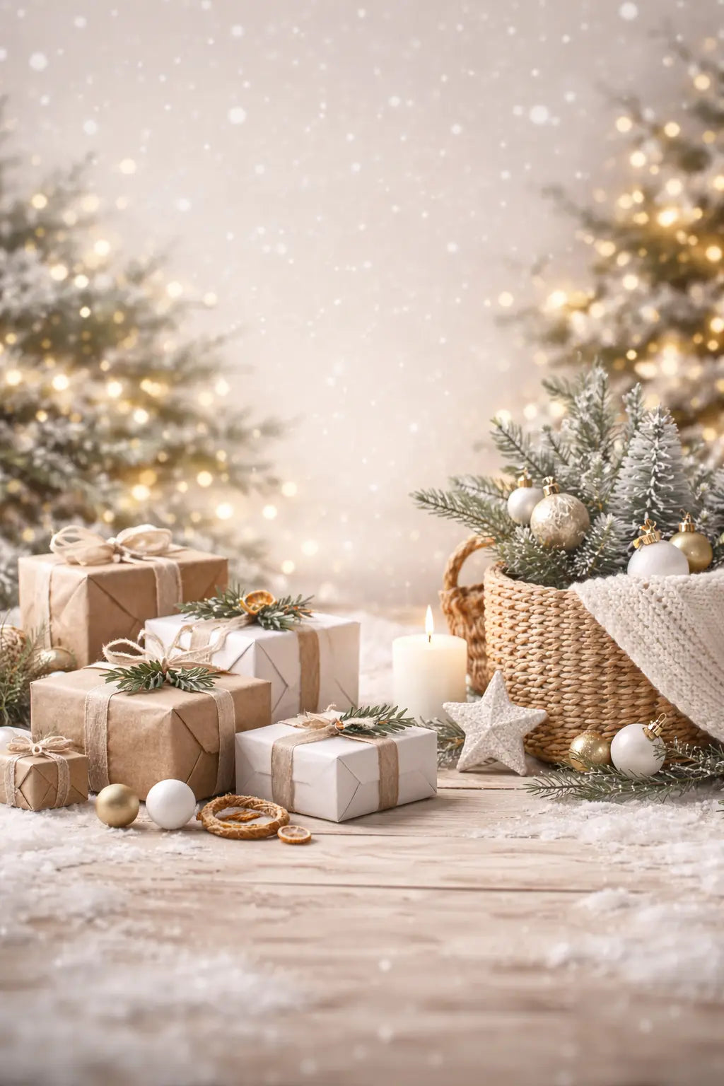 Festliche Weihnachtsdekoration mit Geschenken und moderner 3D-Deko in warmem Lichterambiente