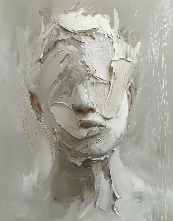 "Verborgenes Sein" – Abstraktes Porträt in weißer Struktur-Optik Print Home  Print Home