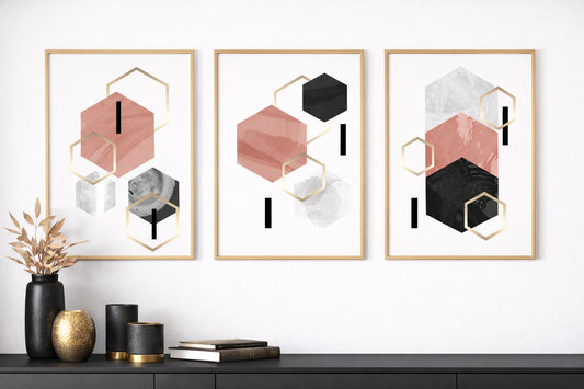 „Blush Geometry“ – Modernes Wandbild-Trio mit Goldakzenten Print Home  Print Home