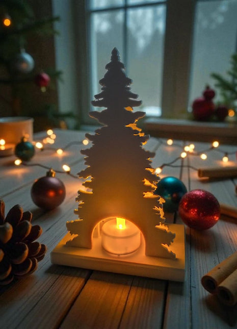 Minimalistisches Tannenbaum-Windlicht Winterwald