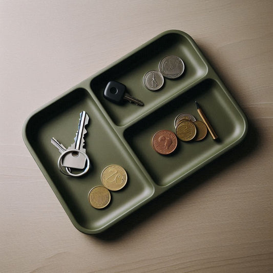 Olivgrünes Daily Tray Organizer-Tablett von Print Home mit vier Fächern für Schlüssel, Münzen und Schmuck auf einem Holztisch.