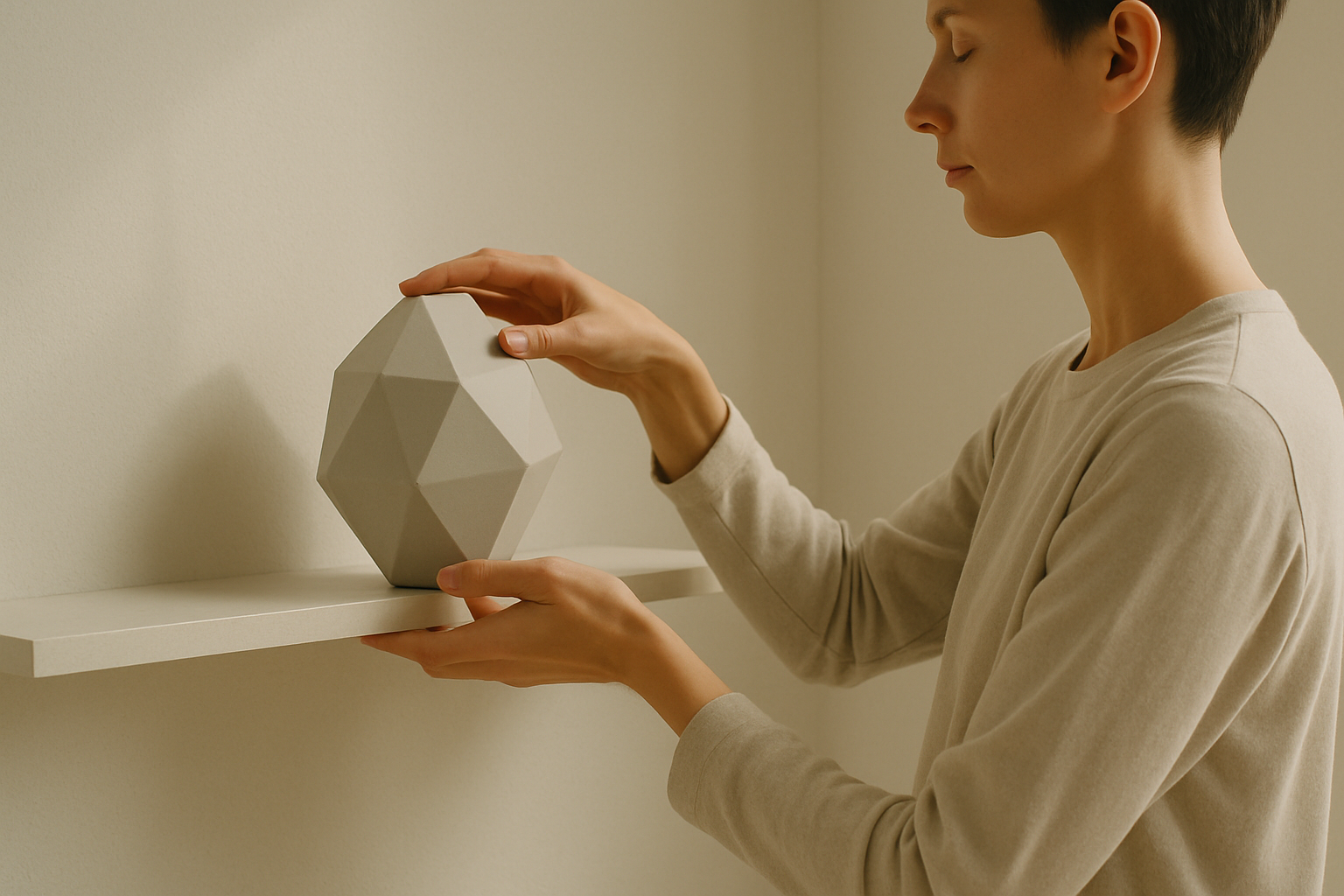  Eine Person mit ruhiger, achtsamer Haltung platziert ein Deko-Objekt in geometrischer Form auf einem schlichten Regal. Die Handbewegungen sind vorsichtig und bewusst, der Fokus liegt auf dem Objekt und dem Akt des Platzierens.