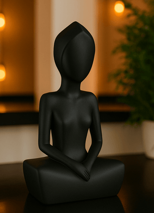 Anmutige Eleganz: Die feminine Frauenskulptur - Print HomeAnmutige Eleganz: Die feminine Frauenskulptur8867679Print HomeMinimalistische Meditationsfigur in mattem Schwarz im Lotussitz, als moderne Deko - Skulptur vor warm beleuchtetem Hintergrund.
