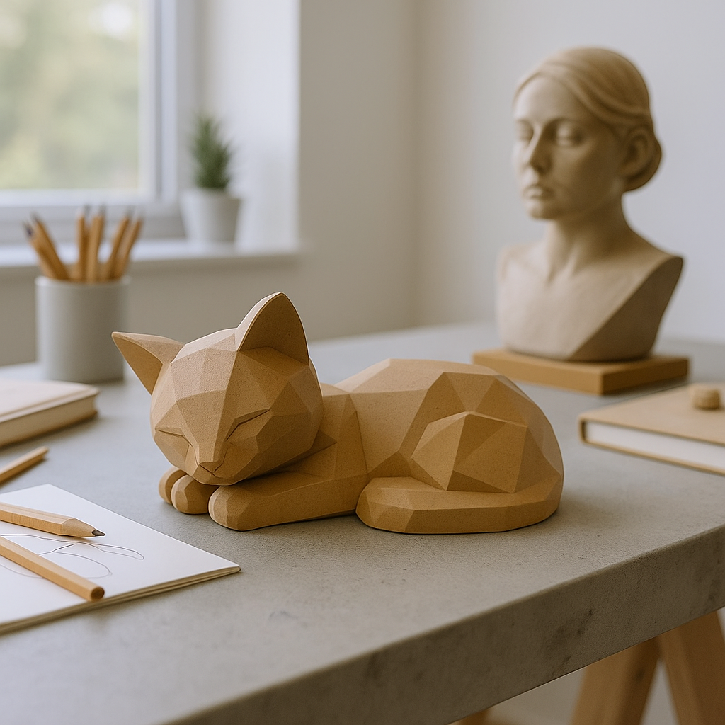 LUMI schlafende Low Poly Katze aus hellbraunem PLA+, stilvolle geometrische Dekofigur für modernes Wohnen