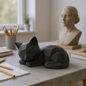 LUMI schlafende Low Poly Katze aus schwarzem PLA+, moderne geometrische Dekofigur für stilvolles Zuhause