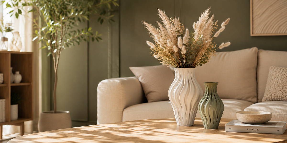 Zwei nachhaltige, 3D-gedruckte Design-Vasen in Weiß und Waldgrün dekoriert mit Pampasgras auf einem Holztisch im stilvollen Wohnzimmer.