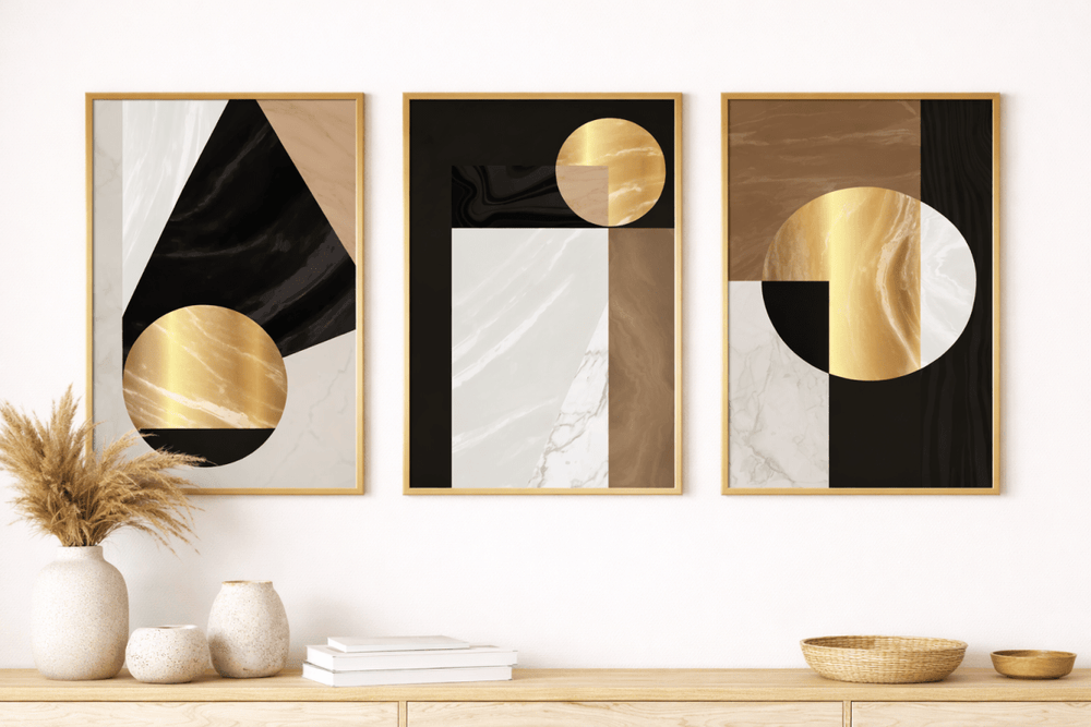 „Earth & Gold Geometry“ – 3er Bilder-Set (Marmor & Kreise) - Print Home