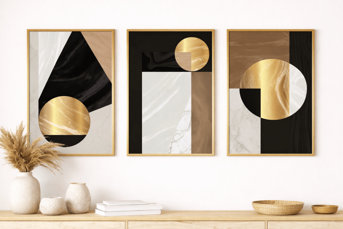 „Earth & Gold Geometry“ – 3er Bilder-Set (Marmor & Kreise) - Print Home