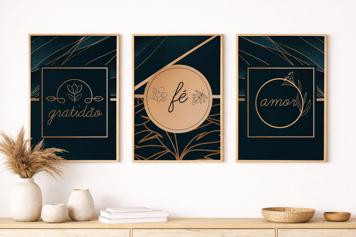 „Golden Spirit“ – 3er Bilder-Set (Amor, Fé, Gratidão) in Petrol - Print Home