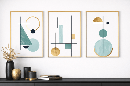 „Nordic Balance“ – 3er Bilder-Set (Türkis & Gold) - Print Home