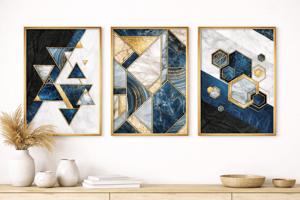 „Sapphire & Gold“ – Luxuriöses Triptychon - Print Home