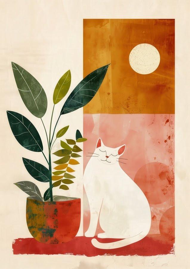 "Golden Hour Cat" – Boho-Illustration mit Katze und Zimmerpflanze - Print Home