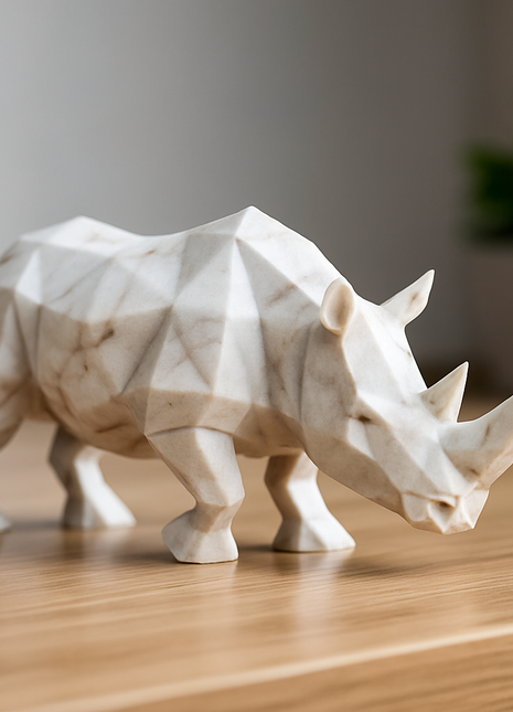 VIGUR Low Poly Nashorn in Marmoroptik, 3D-gedruckte Skulptur aus PLA+ für moderne und elegante Wohnraumgestaltung