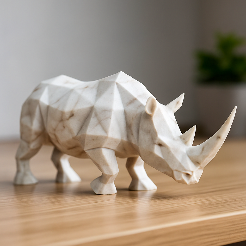 VIGUR Low Poly Nashorn in Marmoroptik, 3D-gedruckte Skulptur aus PLA+ für moderne und elegante Wohnraumgestaltung