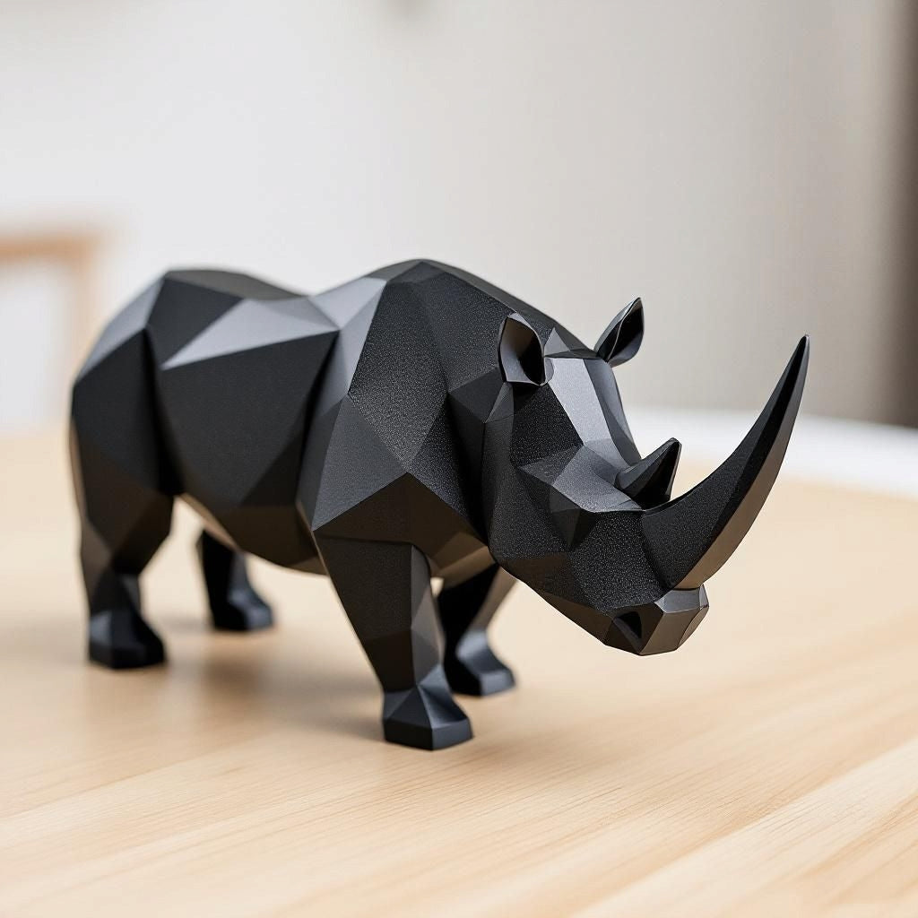 VIGUR schwarzes Low Poly Nashorn aus PLA+, moderne geometrische Skulptur als stilvolle Dekoration für Zuhause und Büro